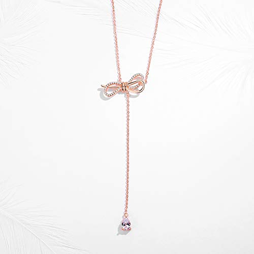 Rose Gold Butterfly Knot Bow Pendant Necklace Sterling Silver Cubic Zirconia Chain Adjustable 18.5" Max4