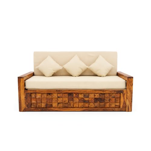 Image of SONA ART & CRAFTS Diamond Sheesham Wood Sofa Cum Bed 3 Seater with Storage and Side Pockets for Living Room Organizer Furniture Sofa Bed Home, Bedroom (Natural Finish)