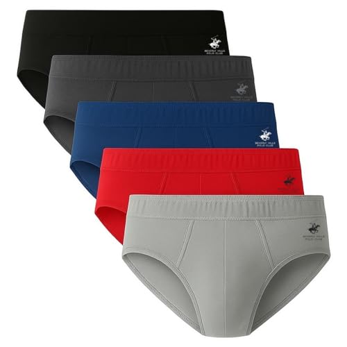Beverly Hills Polo Club Men's 5 Pack Low Rise Brief, Black/Charcoal/Grey Heather/Red/Blue, Large