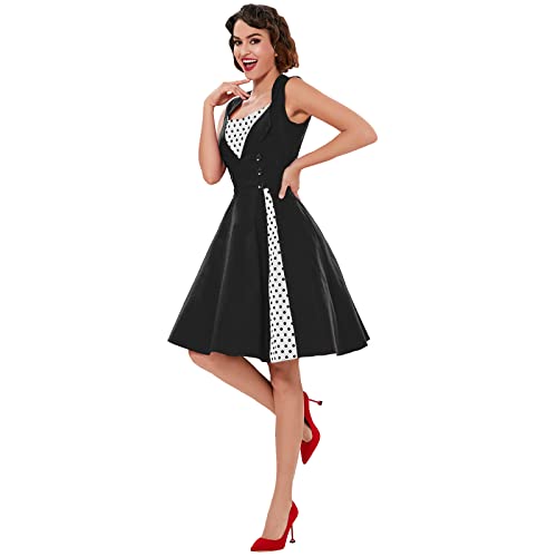 Image of KILLREAL Women's Vintage Polka Dot Print A-Line Pin Up Style Sleeveless Cocktail Party Casual Dress