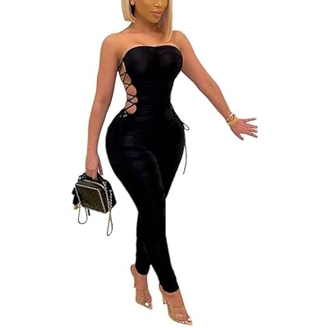 WOKANSE Women's Sexy Side Lace Up Bodycon Ruched Off Shoulder Tube Top Jumpsuit Romper One Piece Club Outfit Black Cover