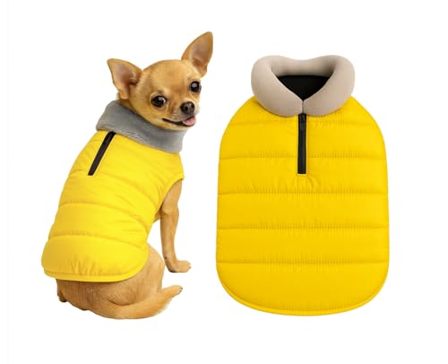 Image of The Pets Company Dog Winter Coat Jacket, Clothes, Windproof, Waterproof, Light Weight, Washable, Ultra Warm Thick Fleece Lined Dog Vest for Cold Weather Protection, (Yellow, X - Small - 12 Inch)
