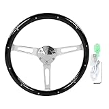 KIMISSステアリングホイール、380mm 15inクラシックステアリングホイールアセンブリウォールナットグリップ3スポークリベット6穴ユニバーサルモディフィケーション（ブラック）(黒)