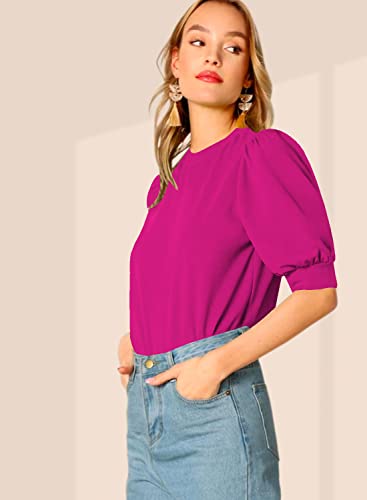 Image of Dream Beauty Fashion Women's Puff Sleeve Round High Neck Top Balloon Bishop Sleeve Elegant Casual Tee (23 inch Inches)- (Top Sofia P)