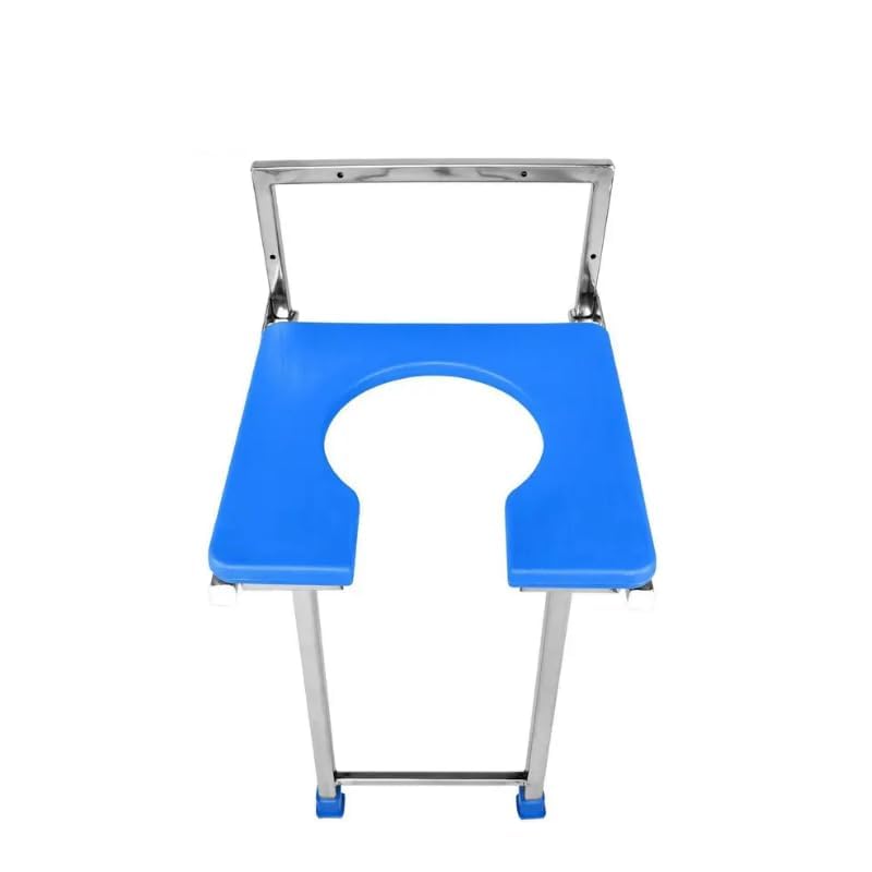 Image of Wall Mounted Foldable Commode Chair for Elderly & Senior Citizens | Portable Stainless Steel Indian Toilet Support Seat | Anti-Slip Lightweight Chair for Knee Pain, Pregnancy & Patient Care (Blue)