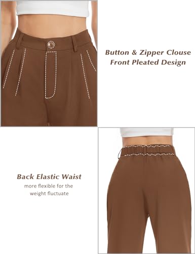 Tapata Women Wide Leg Pants High Waisted Dress Trousers Casual Elastic Pockets Business Work Slacks, Brown, 123