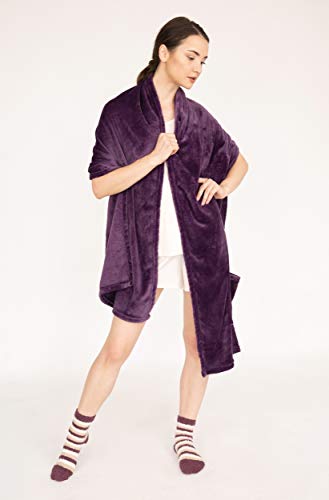 Chic Home Pedra Wrap Snuggle Robe Cozy Super Soft Ultra Plush Flannel Fleece Wearable Blanket with 2 Pockets and Bonus Pair of Striped Socks22 x 88, 22 x 88, Purple