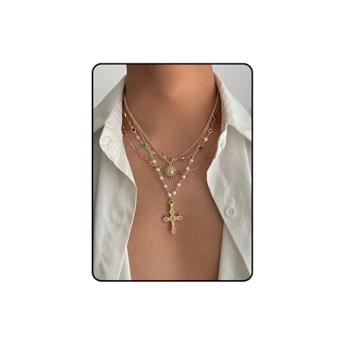 Gold Layered Cross Necklace Set For Women, 4Pcs Gold Chain Pearl Cross Chunky Choker Colorful Rhinestone Sun Pendant Necklaces Statement Adjustable Waterproof Non Tarnish Jewelry Gift
