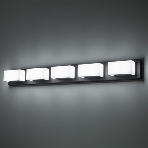 Image of Lingkai LED Bathroom Vanity Light Fixtures 38-Inch 35W Matte Black Modern Bathroom Light Fixtures Over Mirror with Rotatable Vanity Lights Heads Cool White 6000K Bath Wall Lighting Fixtures