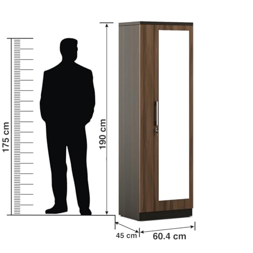Image of Spacewood Ken Wardrobe | 3 Year Warranty | Almirah, Cupboard, Almari, 1 Door Wardrobe with Mirror, 1 Hanging Space|Engineered Wood| Walnut Bronze