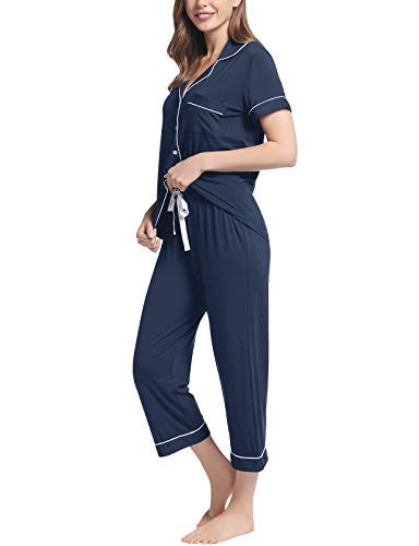 Image of Joyaria Bamboo Viscose Cooling Pajamas for Women Capri Button Front Pjs Set | Ideal for Night Sweats, Hot Sleeper Friendly, Breathable & Moisture Wicking, Short Sleeve Top