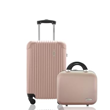 Kit Conjunto Mala de Bordo 10kg Viagem Rígida Rodas 360º Cadeado Segredo mais Frasqueira ABS Gladiador A2MB Rosé Gold