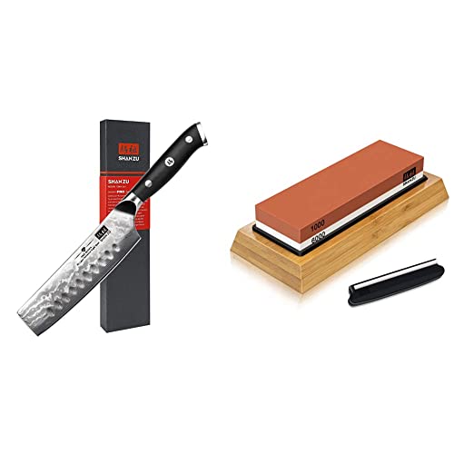 SHAN ZU Kochmesser Nakiri Küchenmesser Profi Messer 16.5 cm Allzweckmesser Damaskus Edelstahl & Schleifstein Abziehstein Wetzstein für Professionell 2-in-1 Doppelseitiger Messerschärfer Cover