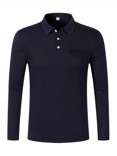 Men's Casual Polo Shirts Classic Long Sleeve Button Polo T Shirt Basic Solid Color Golf Shirts with Pocket2