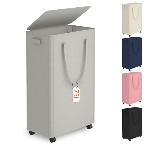 Image of Slim Laundry Hamper with Wheels,20 Gal (75L) Rolling Laundry Basket with lid and wheels Clothes Hamper Foldable Tall Dirty Clothes Basket Sturdy Collapsible Clothes Hamper for Dorm,Laundry Room