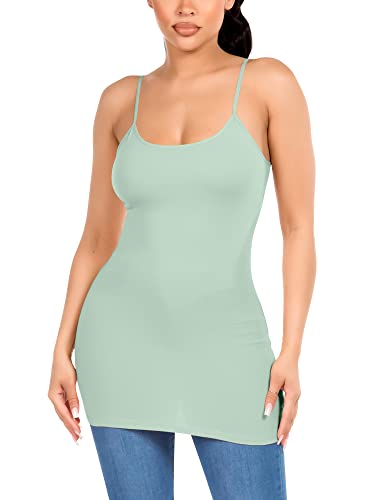 Image of Long Cotton Camisole Tank Tops for Women | Basic Braless Layering Tops with Adjustable Spaghetti Straps
