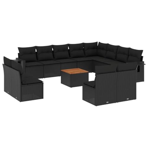 Qnhdfrt Salon de Jardin 13 Pièces en Résine Tressée Noir, Ensemble de Canapés Modulables d'Extérieur pour Terrasse, avec Table Basse en Bois d'Acacia et...