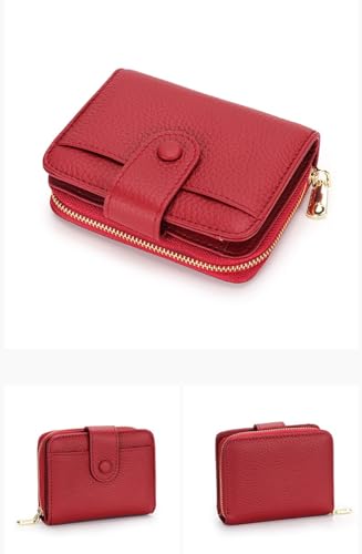 Large Capacity Luxury Genuine First Layer Cowhide Leather Pocket Wallet Ladies Purse，Card Bag，2 in 1 Wallet, Red, One Size3
