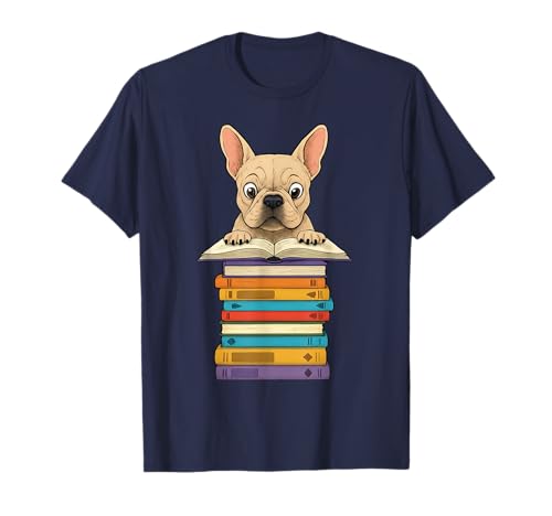 Simpatico Bulldog Francese Che Legge sul Mucchio di Libri Divertente Maglietta