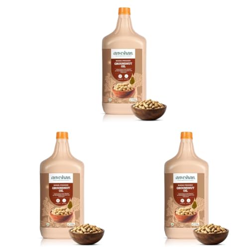 Image of Anveshan Wood Cold Pressed Groundnut Peanuts Oil 3 Litre | HDPE Can | Kolhu /Kacchi Ghani /Chekku /Ganuga | Peanut Oil | Natural | Chemical-Free | Cold Pressed Groundnut Oil for Cooking (Pack of 3)