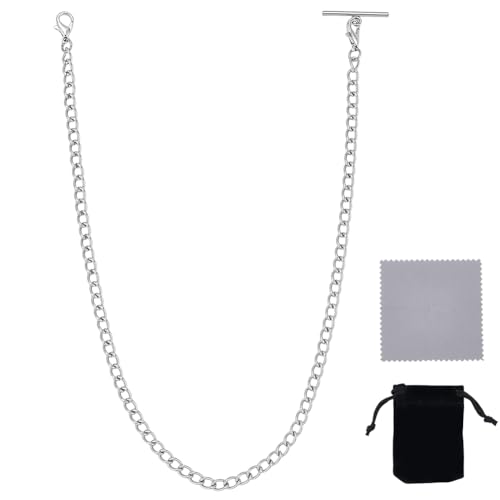 PH PandaHall Cadena de reloj de acero inoxidable 304 de 14.3 pulgadas, cadena plateada para chaleco, reloj de bolsillo, barra en T, cadenas de eslabones de bolsillo para hombre, cadenas de estilo
