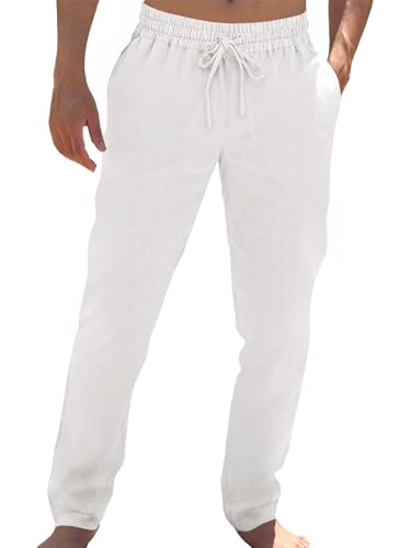 Runcati Mens Cotton Pants Elastic Waist Drawstring Casual Beach Linen Pants Lightweight Loose Fit Yoga Trousers