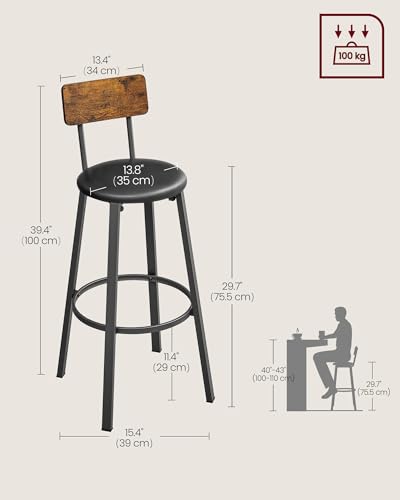 VASAGLE Bar Stools, Set of 2 PU Upholstered Breakfast Stools, Counter Height Stool, Footrest, Simple Assembly, Industrial, for Dining Room Kitchen Counter Bar, Rustic Brown and Classic Black LBC069B88
