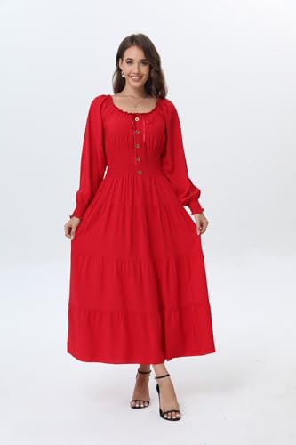 Image of OSTOO Women's 2026 Casual Long Sleeve Square Neck Smocked High Waist Flowy Maxi Dress,Boho Tiered Beach Party Dress