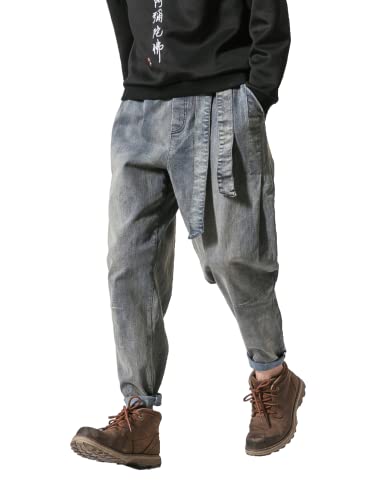 Men's Japanese Cargo Jeans Wide Leg Loose Baggy Harem Pants Elastic Waist Capri Pants4