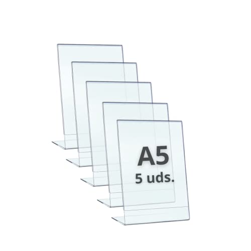 drb derabo Expositor metacrilato transparente a5, pack 5 unidades, soporte sobremesa para carteles A5, porta menú, porta precios, porta fotos para mesa, marco de acrílico transparente.