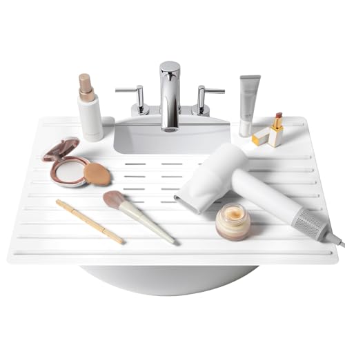 Maplefield Foldable Bathroom Sink Cover for Counter Space, Silicone Sink Topper, Heat Resistant Over Sink Makeup Mat, Small Bathroom Space Creation, Bathroom Space Saver Sink Cover for Makeup (White)