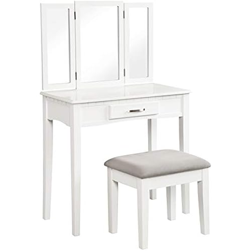 Angel Line Ella Vanity Table and Stool Set w/Tri-Folding Mirror, White w/Gray Cushion (36211-21)