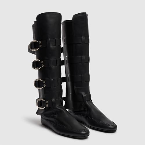 SHEMEE Women's Medieval Renaissance Knee High Boots Punk Flats Low Heels Slouchy Boots Multi Buckles Straps Wide Calf Biker Riding Tall Boot Round Toe Gothic Motorcycle Rave Shoes3
