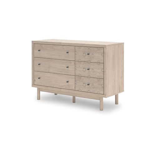 Image of Signature Design by Ashley Birkmore 6 Drawer Dresser, 10-Minute Easy Assembly, Engineered Wood, Whimsical Botanical Accent Drawers for Bedroom, Light Oak Finish