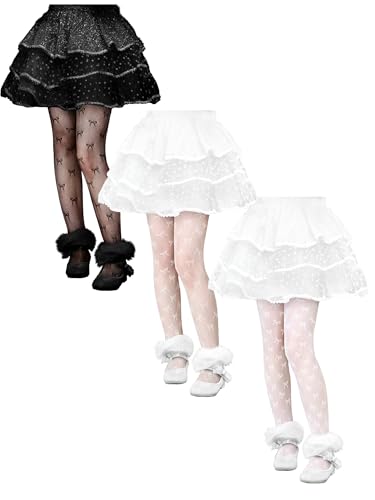 3 Pairs Girls Lace Tights for Kids Bow Sheer Fishnet Stockings Dance Pantyhose for Halloween Christmas
