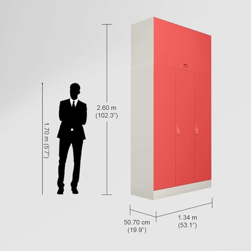 Image of Interio by Godrej Almirah Slimline 3-Door Steel Almirah, Cupboard for Clothes (Alpine White and Hot Coral Matte), 1-Year Warranty, 7 Shelves, 1 Locker, with Overhead Unit