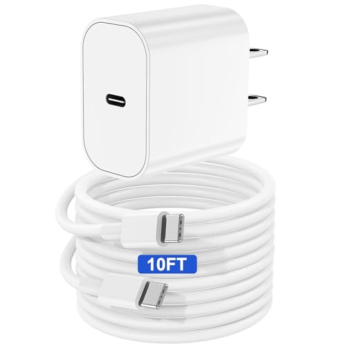 Image of iPhone 17 16 15 Charger and 10ft Type C to C Cable Cord Long, 20W USB C Fast Wall Charging Block Plug Power Adapter Cube Brick for Apple iPhone 17 Pro Max /17 Air /16 Pro /16 Plus /15 /15 Mini /iPad /Samsung