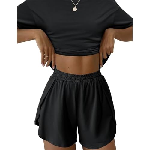 Kistore Summer 2 Piece Pajamas Sets Short Sleeve Sleepwear Pjs Lounge Split Short Sets B-black Small