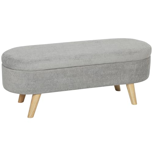 HOMCOM Banco Pie de Cama, Puff Almacenaje Tapizado en Terciopelo de Teddy con Patas de Madera y Asiento Acolchado, Banco de Almacenaje Ovalado para Dormitorio, Entrada, Pasillo, Gris Claro
