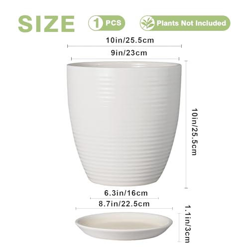 10 Inch Ceramic Planter Pot - Large Plant Pot with Drainage Hole and Saucer, Modern Round Flower Pots for Indoor Outdoor Plants, Garden Planter, White