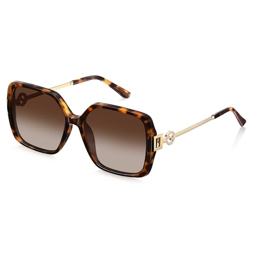Foliful Retro Square Sunglasses for Women Oversized Vintage Style Sun Glasses UV Protection Metal Temple Light Tortoise/Gradient Brown - Gold