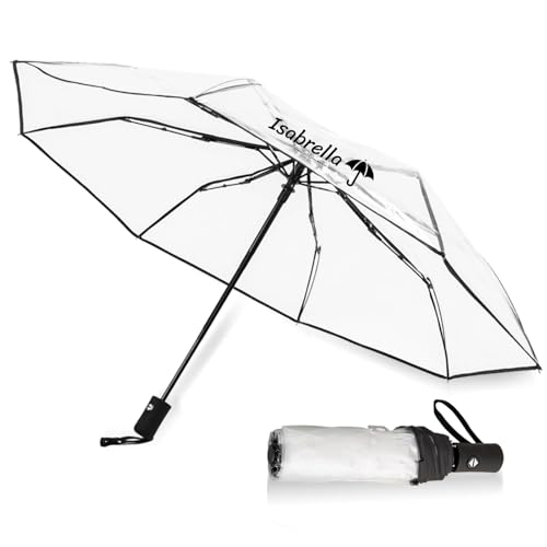 Image of ISABRELLA Clear Folding Umbrella for Rain & Sun Protection, Transparent Compact Umbrella for Women, Windproof Lightweight Travel Umbrella for Outdoor, Commute