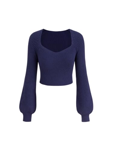 Image of CIDER Women's Crop Top Sweater Square V Neck Lantern Sleeve Cute Rib Knit Pullover