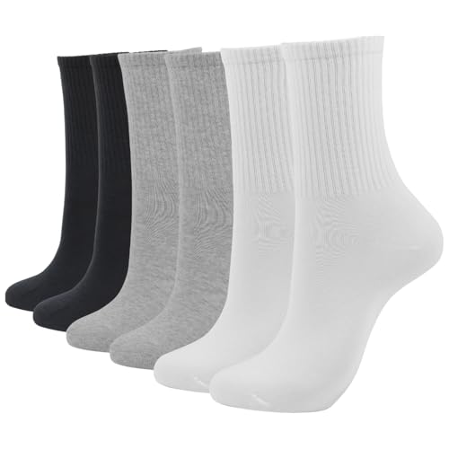 FENQURO 3 Pares Calcetines Deporte Mujer Calcetines Altos de Algodón Antiampollas Antideslizantes Calcetines Largos Transpirables Calcetines Deportivos Trail Running Pedel Tenis Blancos Negros