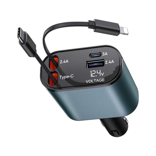 Image of Humble 120W 4 in 1 Car Charger with 2 Retractable Cable (Type C & iPhone), 1 USB & 1 Type C Port- Universal Car Charger Compatible with All Android & iPhone Series 17 /16 / 15 /14 / 13 /12 / 11
