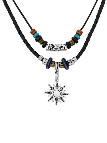 MINACHI Boho Wood Bead Sun Charm Turquoise-Tone Accent Necklace | Wood disk and turquoise-tone bead necklace, silver-tone sun charm, engraved tube, faux leather cord, boho style.