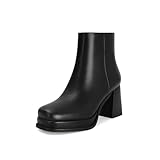 MAIJED Women's Black Leather Platform GoGo Ankle Boots Square Toe High Chunky Block Heels with Back Zipper Comfort Party Dress Booties Shoes Black Size US8.5