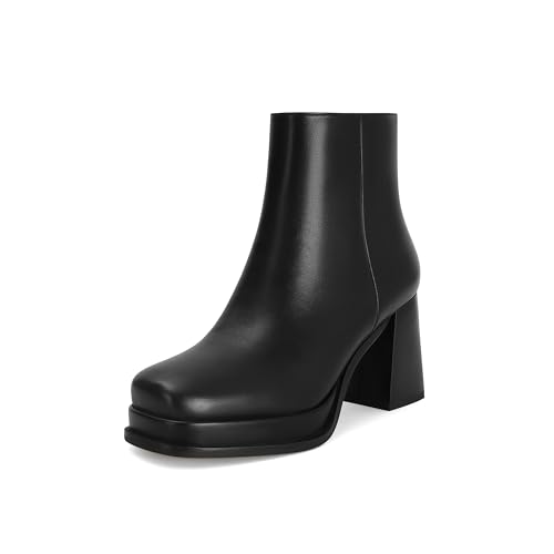 Women's Black Leather Platform GoGo Ankle Boots Square Toe High Chunky Block Heels with Back Zipper Comfort Party Dress Booties Shoes