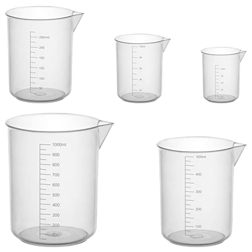 stonylab Messbecher Kunststoff Set, Durchsichtiger Kunststoff Messbecher mit Ausgießer Messbecher Set, Flüssigkeitsbecher-Behälter in 5 Größen, 50 ml/100 ml/250 ml/500 ml/1000 ml (1 L), Kombi Pack