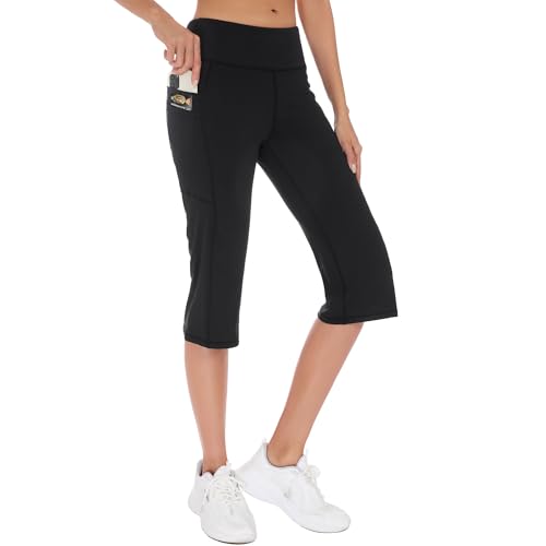 adorence Corsaire Femme été avec 5 Poches, Pantacourt de Yoga Femme été Jambe Droite, Opaque 3/4 Pantalon Sport, Taille Haute 3/4 Pantalon Casual - Noir,M